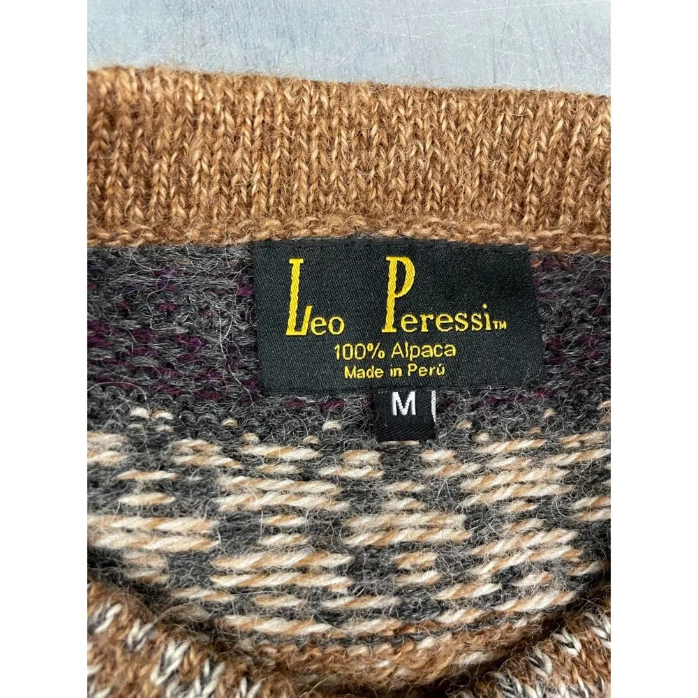 Leo‎ Peressi Alpaca Cardigan Sweater Womens Medium Brown Fair Isle Knit Button